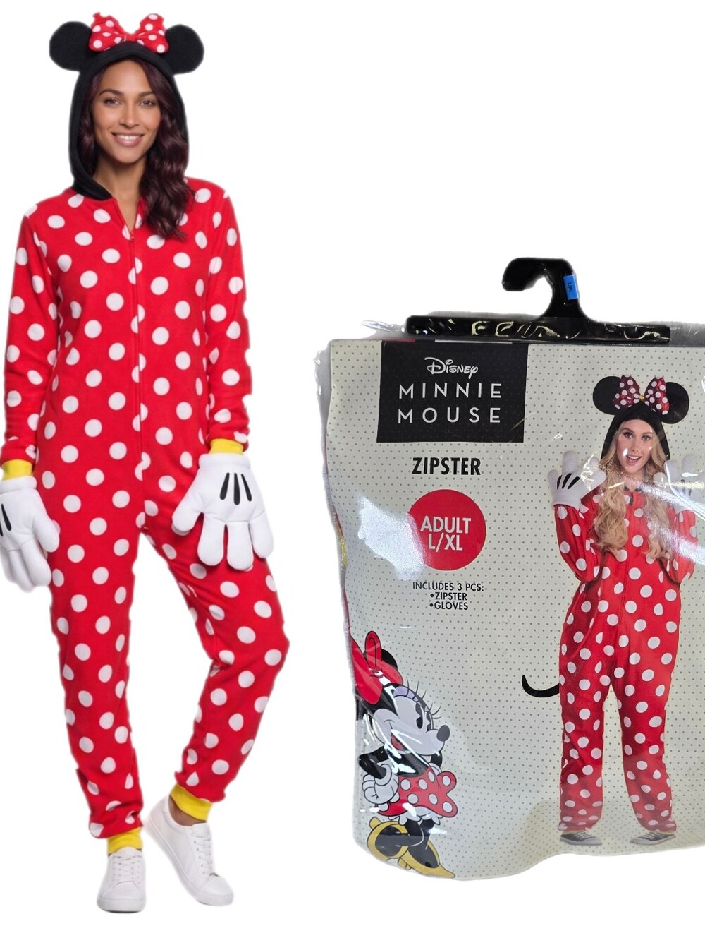 Disney Minnie Mouse Adult Halloween Costume Size L/XL Zipster Jumpsuit + Gloves